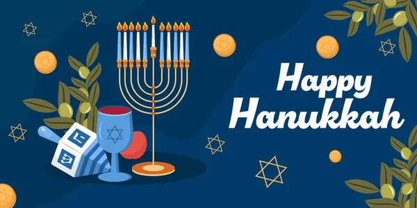 Mutlu Hanukkah yatay afiş illüstrasyonları düz stil