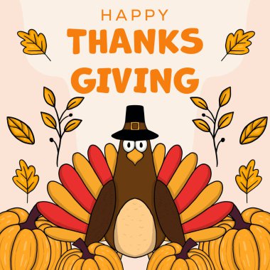 El çizimi vektör tasarımı Şükran Günü çizimi hindi siki şapkalı.