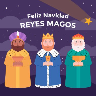 düz dizayn Feliz Navidad Reyes magos illüstrasyonu