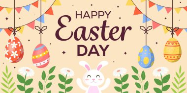 düz tasarım vektörü Mutlu Paskalya Günü yatay afiş illüstrasyonu