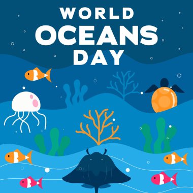 Düz dünya okyanus günü illüstrasyon vektör tasarımı deniz organizmaları ile