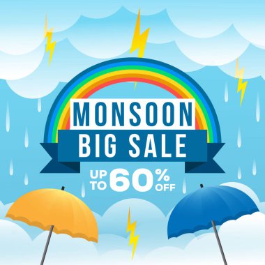 Bulutlar ve şemsiyeli büyük indirimli muson yağmurları.