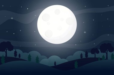 Yıldızlarla dolu bir gecede dolunaylı manzara çizimi