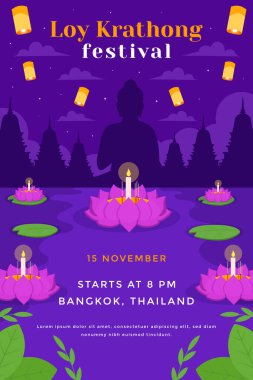 Loy Krathong festivali dikey afiş illüstrasyon tasarımını kutladı