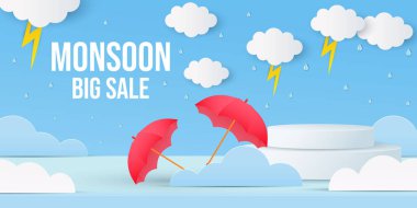 Muson büyük indirimli yatay afiş illüstrasyonlu podyum