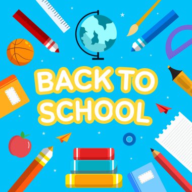 Birçok nesne ile okula düz tasarım tarzında resimleme