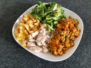 Beyaz tabakta servis edilen ev yapımı ızgara tavuk, patates kızartması, yeşil salata ve bezelye güveci