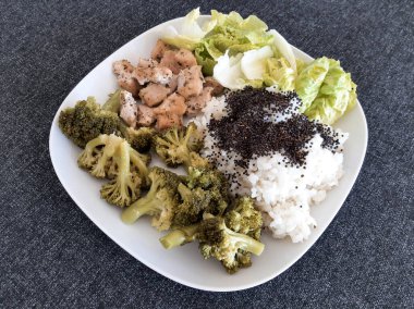 Beyaz tabakta servis edilen pilav ve brokoli ile ev yapımı ızgara tavuk.