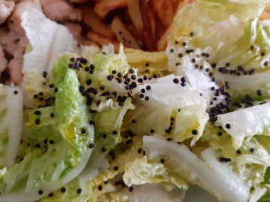 Ev yapımı yemek. Taze yeşil salata, tabakta detaylar.