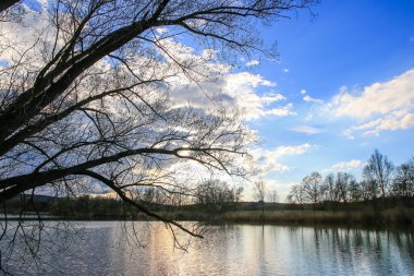Sakin bir bahar sahnesi, çıplak ağaçlarla sakin bir göl ve suda güzel bir şekilde yansıyan berrak bir gökyüzü..