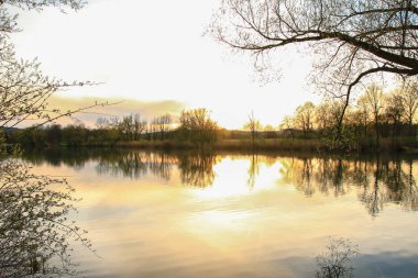 Sakin bir bahar sahnesi, çıplak ağaçlarla sakin bir göl ve suda güzel bir şekilde yansıyan berrak bir gökyüzü..