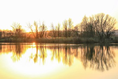 Sonbahar ağaçları göl boyunca altın ve kırmızı renkler sergilerler, sakin yansıtıcı suda güzel yansıtılır..