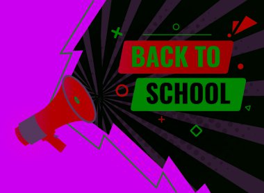 okul düğmesine, afişe, etikete, web sitesi şablonuna geri dön. Renkli megafon simgesiyle okula geri dön