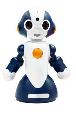 Beyaz arka planda insan yüzü ve vücudu olan yapay zeka küçük mavi robot. İnsansı. Yapay Zeka.