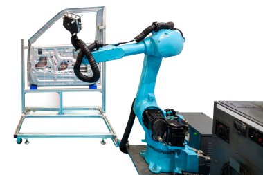 Fabrikadaki denetim sırasında yüksek teknoloji ve doğruluk ekipmanı robot kolu lazer taşınabilir 3D tarama ile kapatın..