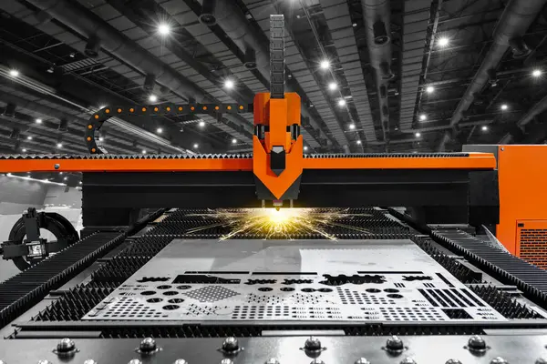 Sac işlem kesme. Otomatik kesim Cnc, Plc makine tarafından lazer kıvılcımlar. imal iş, fabrika, üretim