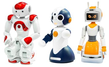 İnsan yüzü ve vücudu beyaz arka planda izole edilmiş yapay zeka küçük kırmızı robot. İnsansı. Yapay Zeka.