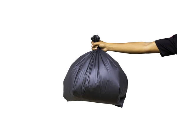 白い背景に隔離された黒いゴミ袋 ハンドヘルドブラックガベージバッグ クリッピングマスク — ストック写真