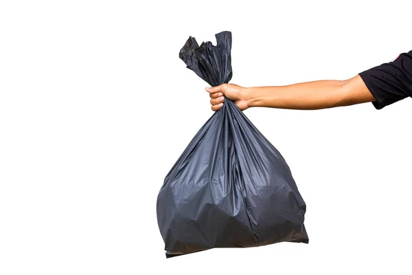 Black Garbage Bag Isolated White Background Handheld Black Garbage Bag lizenzfreie Stockbilder