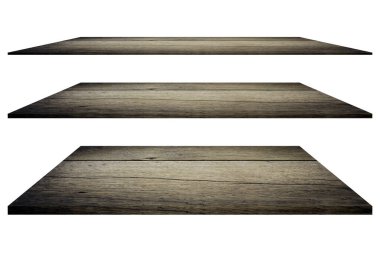 textured brown wooden of table background. Set empty shelf wooden isolated on white background, clipping  paths