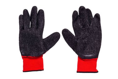 Beyaz arka planda izole edilmiş kırmızı plastik eldivenler. bahçe giysisi eldivenleri, kırpma yolu