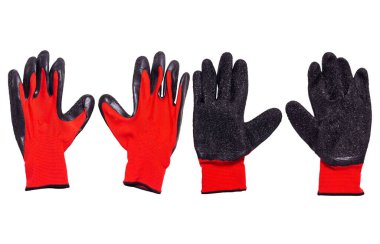 Beyaz arka planda izole edilmiş kırmızı plastik eldivenler. bahçe giysisi eldivenleri, kırpma yolu