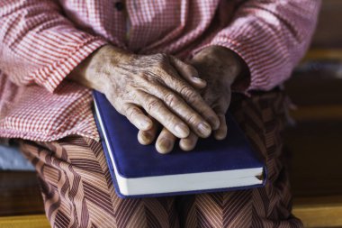 Bir sandalyede oturan yaşlı bir kadının evinde kitap okurkenki yakın çekimi. Emeklilikten sonraki yaşam konsepti