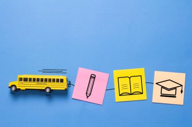 Okula dönmek, okul otobüsü okul malzemeleri ikonları, eğitim öğrenme konsepti.