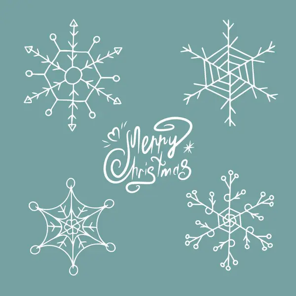 Set White Snowflakes Lettering Creation Christmas New Year Design Postcard — Stock Vector