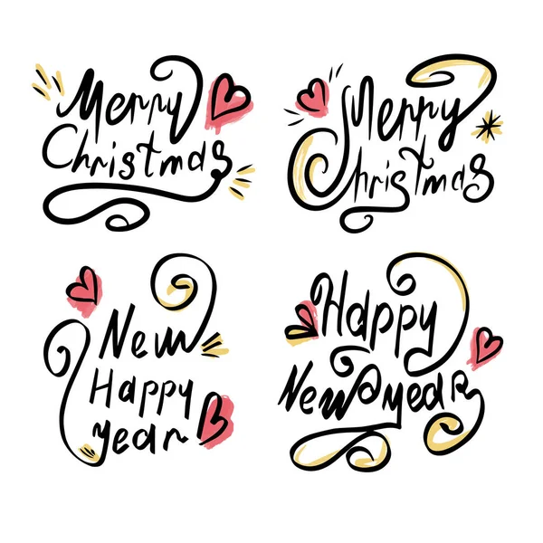Set of calligraphic inscriptions. Happy New Year and Merry Christmas. Beautiful black font with swirls and colored elements. Design template for invitations, postcards, clothes. Isolated background