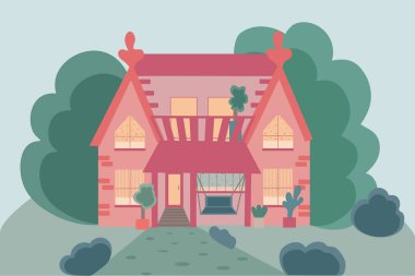 A two-story red brick residential building with a swing and a gazebo. Country house with trees and a lawn in the yard. Flat vector illustration.