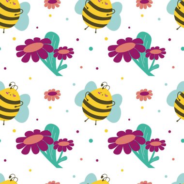 Şirin arı ve çiçeklerle kusursuz desen. Dünya Arı Günü. Tekstil, tuval, arkaplan ya da ambalaj kağıdı için. Düz vektör illüstrasyonu.