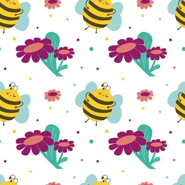 stock vector Seamless pattern with cute bee and flowers. World Bee Day. For textile, canvas, background or wrapping paper. Flat vector illustration.