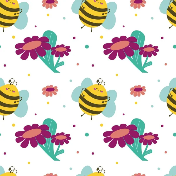 Zökkenőmentes Minta Aranyos Méhekkel Virágokkal Méhek Világnapja Textil Vászon Háttér — Stock Vector