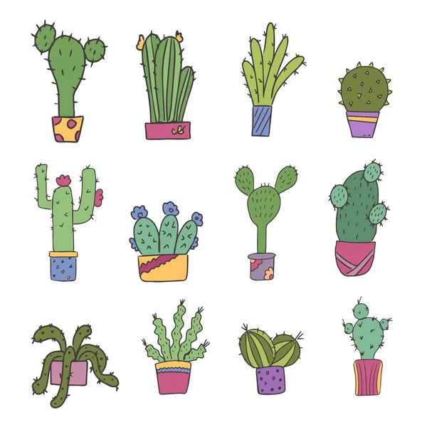 Lindo Conjunto Cactus Maceta Ilustración Estilo Garabato Para Diseño Postales — Vector de stock