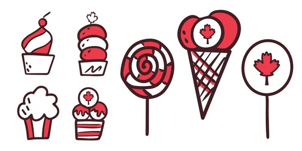 Eine Reihe Köstlicher Süßigkeiten Zum Kanada Tag Ahornblatt Als Symbol — Stockvektor