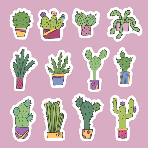 stock vector Set of cute potted cactus stickers. room growers. For the design of cards, invitations or stickers. Isolated vector.