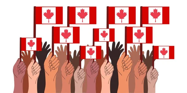 Mãos Das Pessoas Seguram Bandeira Canadá Férias Canadá Multidão Para —  Vetores de Stock