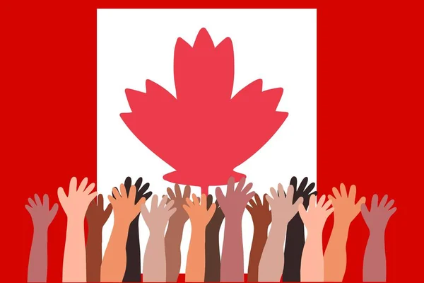 Die Hände Der Menschen Auf Dem Hintergrund Der Kanadischen Flagge — Stockvektor