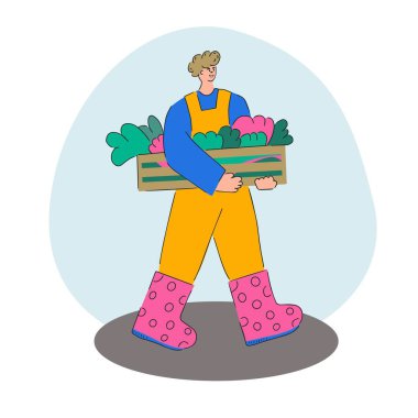 Tahta bir kutuda hasat taşıyan bir adam. Hasat. Tarım sonbahar işi. Düz Çizim.