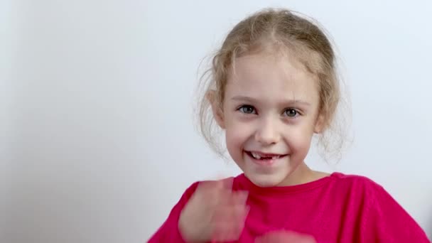 Little Toothless Girl Smiles Close Isolated Background — Stock Video