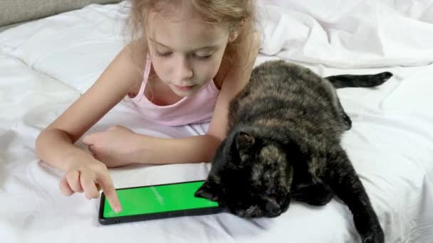 Bambino Guarda Uno Schermo Verde Del Telefono Gatto Nero Siede — Video Stock