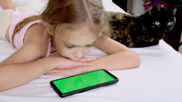 Bambino Guarda Uno Schermo Verde Del Telefono Letto Con Gatto — Video Stock