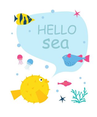 Merhaba deniz. Üzerinde yazı olan bir grup deniz yaratığı. Bir kart, pankart ya da tasarım için çocuk çizimi. İzole edilmiş beyaz arka plan. Düz Çizim.