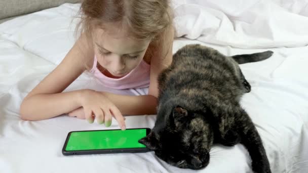 Дитина Дивиться Зелений Екран Телефону Біля Ліжка Сидить Чорний Кіт — стокове відео