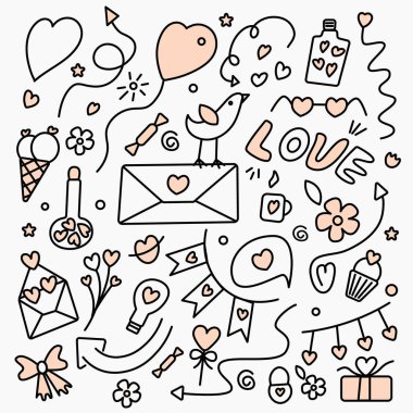 Sevgililer Günü için ayarlandı. Tasarım için elementler. Düz bir şekilde karalama çizimi. İzole edilmiş arkaplan.