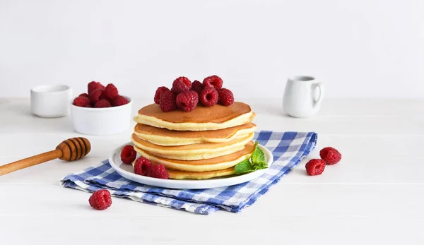 Homemade Pancakes Raspberries Jam Breakfast White Background — Stock Photo, Image