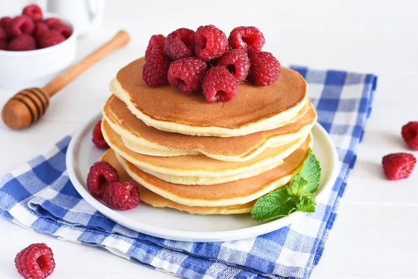 Homemade Pancakes Raspberries Jam Breakfast White Background — Stock Photo, Image