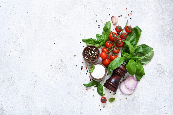 stock image Food, kitchen ingredients for cooking.Spices with vegetables on concrete background. Copy space for text