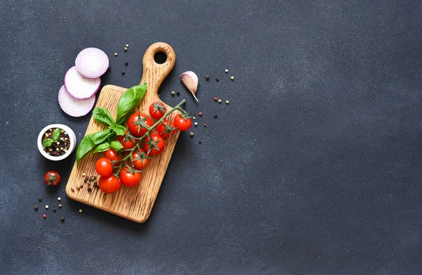 Diverse Condimente Cireșe Placa Bucătărie Copiați Spațiul Pentru Text Alimente Imagine de stoc